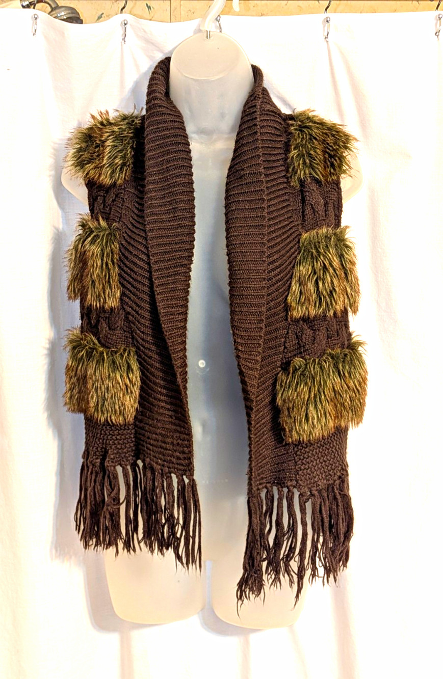 VTG Y2K Pink Rose Brown Faux Fur Knit Wrap Sweater Vest W/ Tassels Sz L